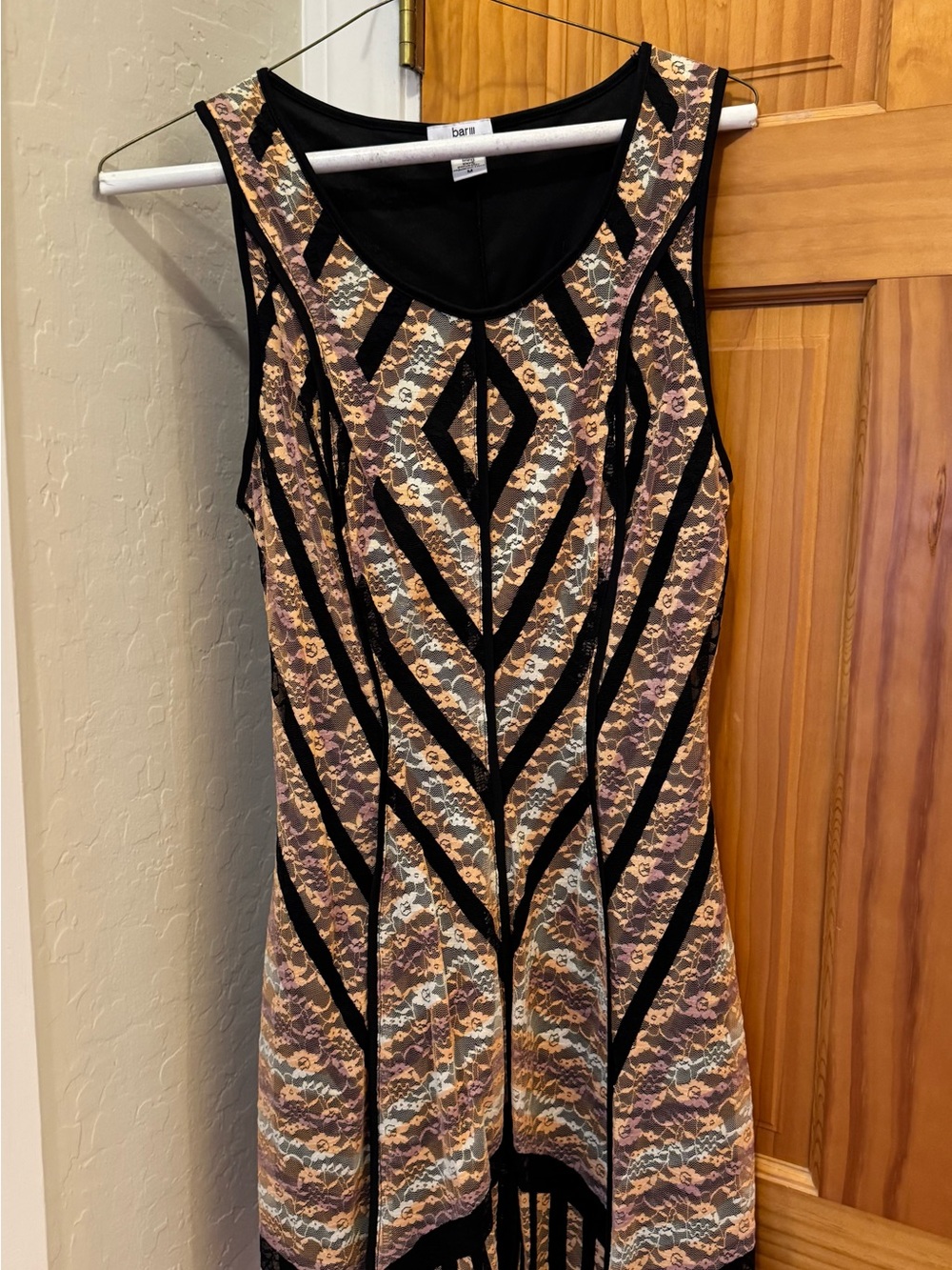 Bar III Black Lace Overlay Mini Dress with Neutral Multicolor Underlay